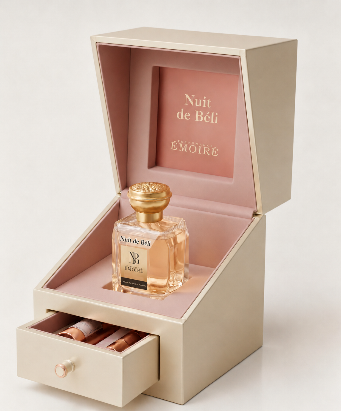 ÉMOIRÉ Nuit de Béli extrait de parfum bottle — luminous florals, warm amber woods, and soft musk