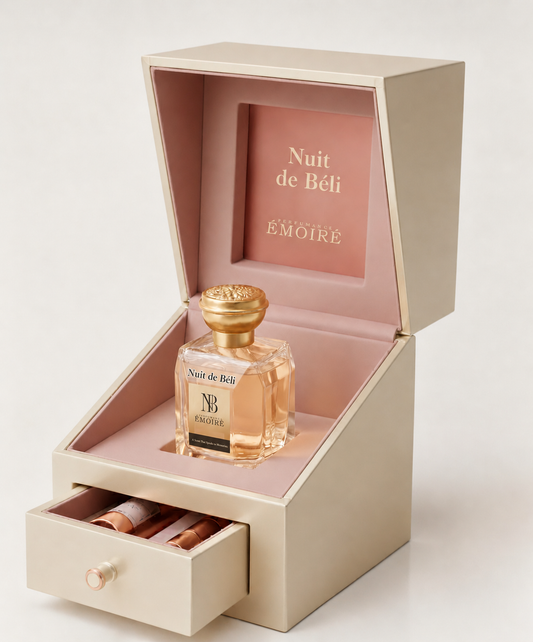 ÉMOIRÉ Nuit de Béli extrait de parfum bottle — luminous florals, warm amber woods, and soft musk